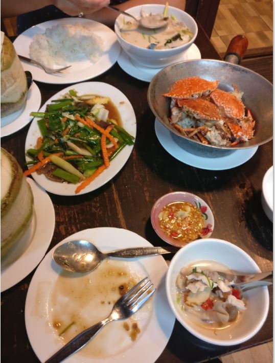 crab, fried vegetables, soup, and healthy food for self-care