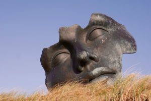 face sculpture, closed eyes on grassy plane