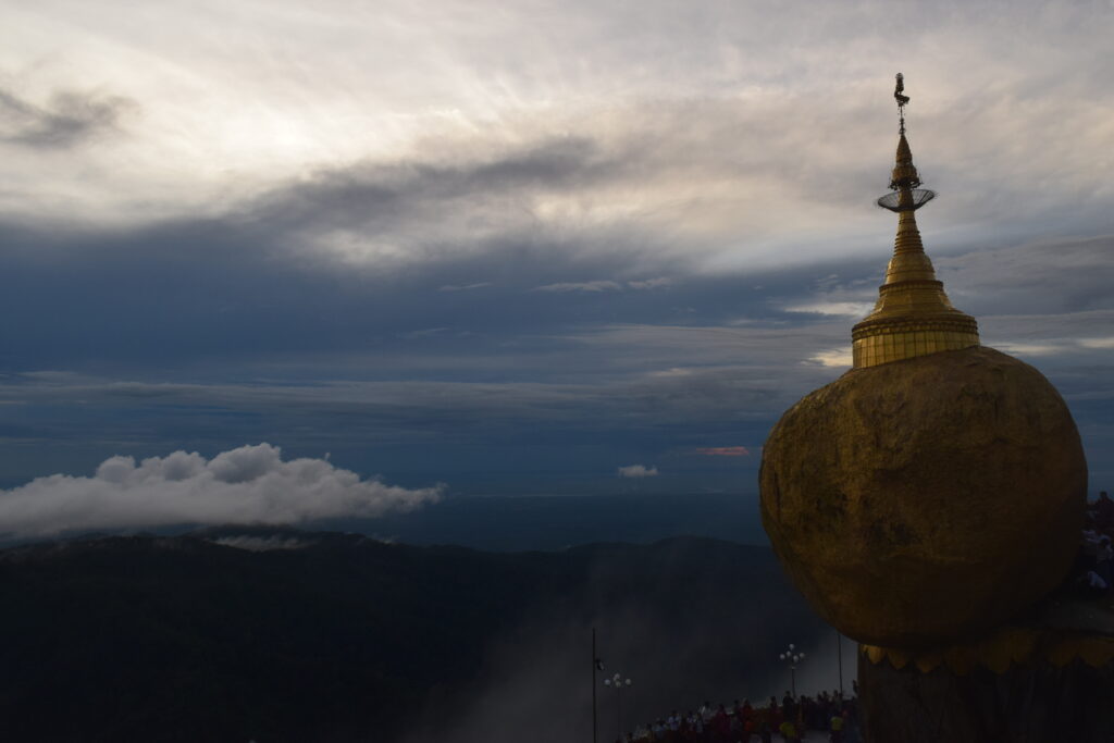 Golden Rock with beautiful sunset and fog