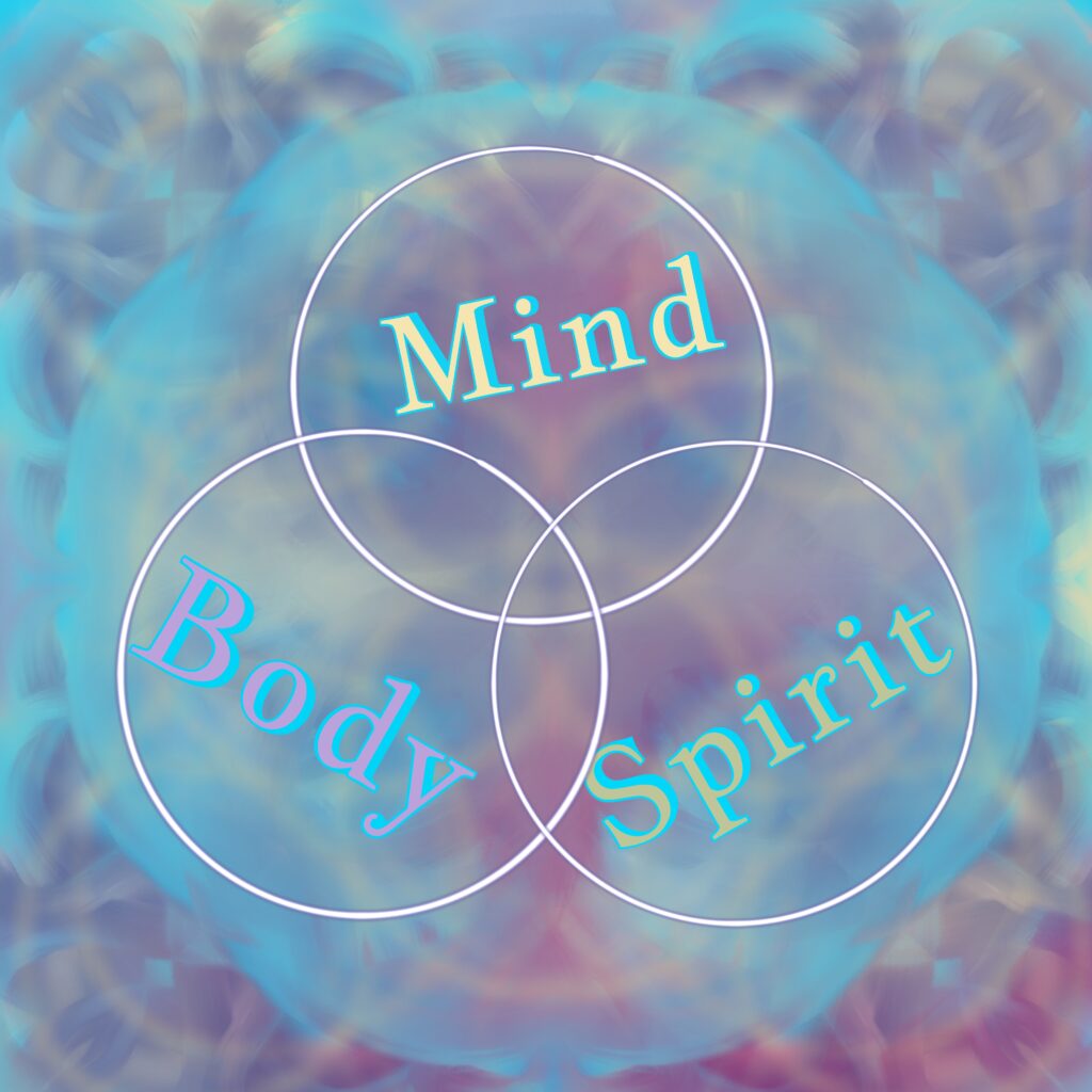Mind, Body, Spirit in interwoven circles showing how they all overlap 
