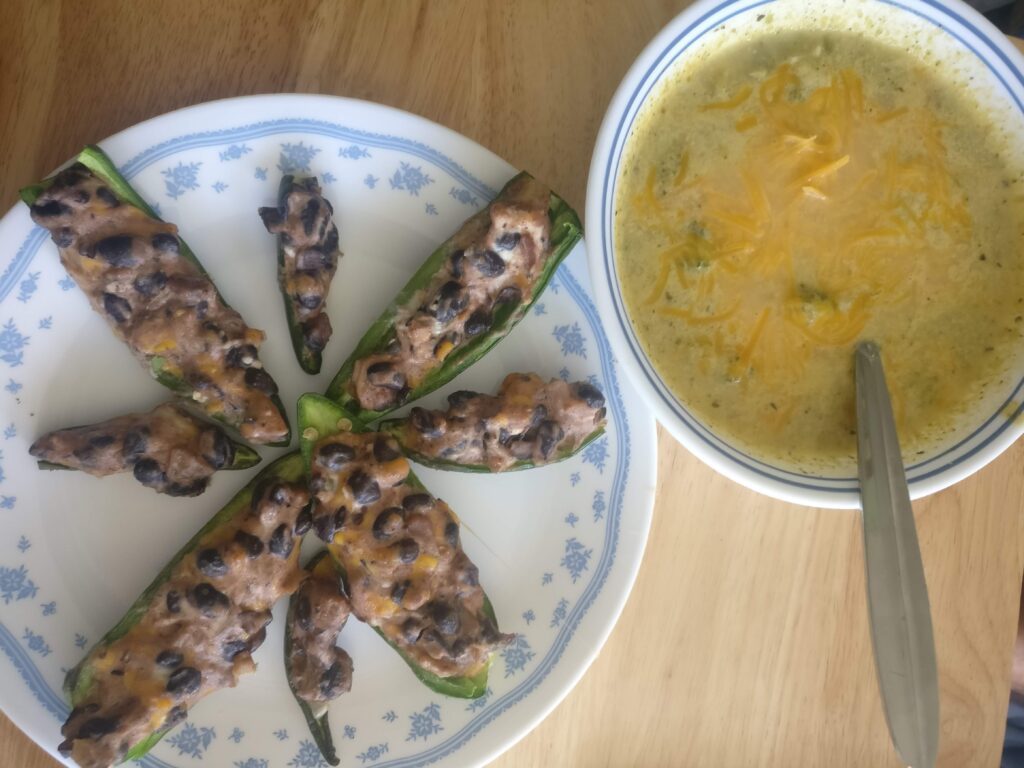 jalapenos with cream cheese and beans with homemade veggie soup