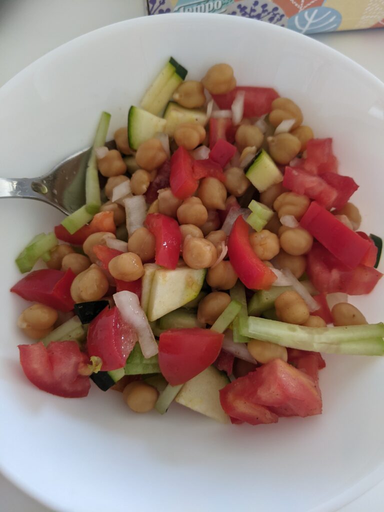 food as medicine for narcolepsy, chic peas with tomato, cucumber, onion and spices